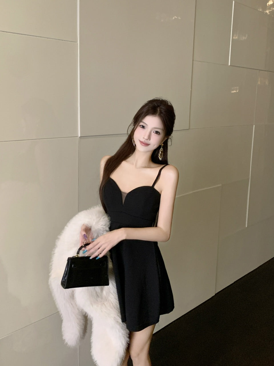 Splendid Black A-Line Party Outfit Mini Skirt Glam Spaghetti Strap Cinched-Waist Short Dress AP3747