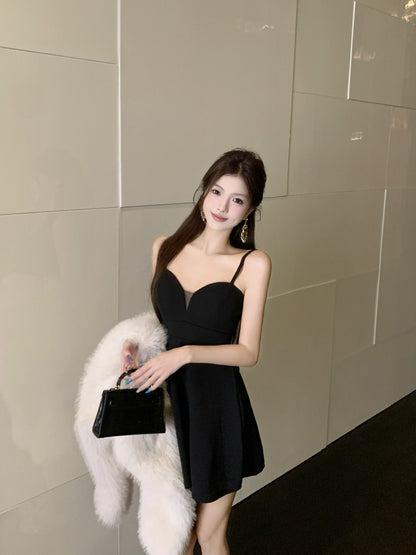 Splendid Black A-Line Party Outfit Mini Skirt Glam Spaghetti Strap Cinched-Waist Short Dress AP3747
