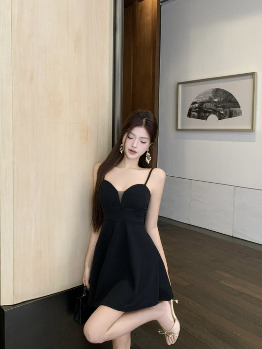 Splendid Black A-Line Party Outfit Mini Skirt Glam Spaghetti Strap Cinched-Waist Short Dress AP3747