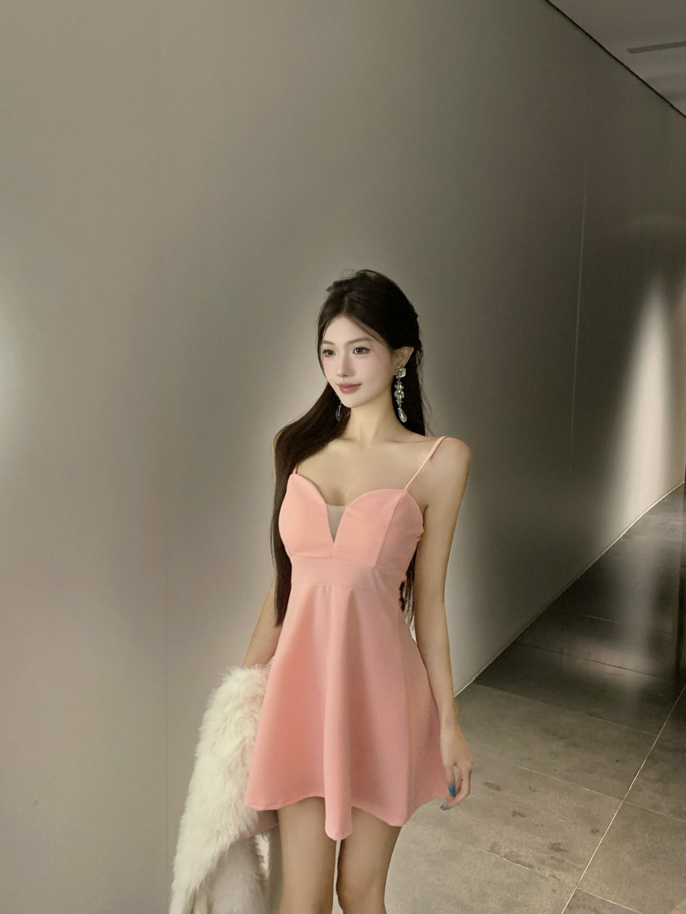 Enticing Cinched-Waist Party Outfit Pink Mini Skirt Cute A-Line Spaghetti Strap Short Dress AP3748