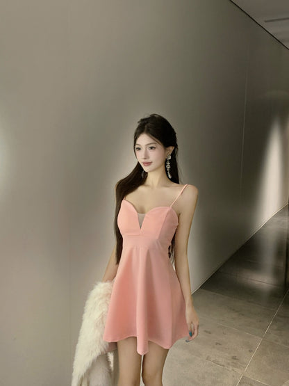 Enticing Cinched-Waist Party Outfit Pink Mini Skirt Cute A-Line Spaghetti Strap Short Dress AP3748