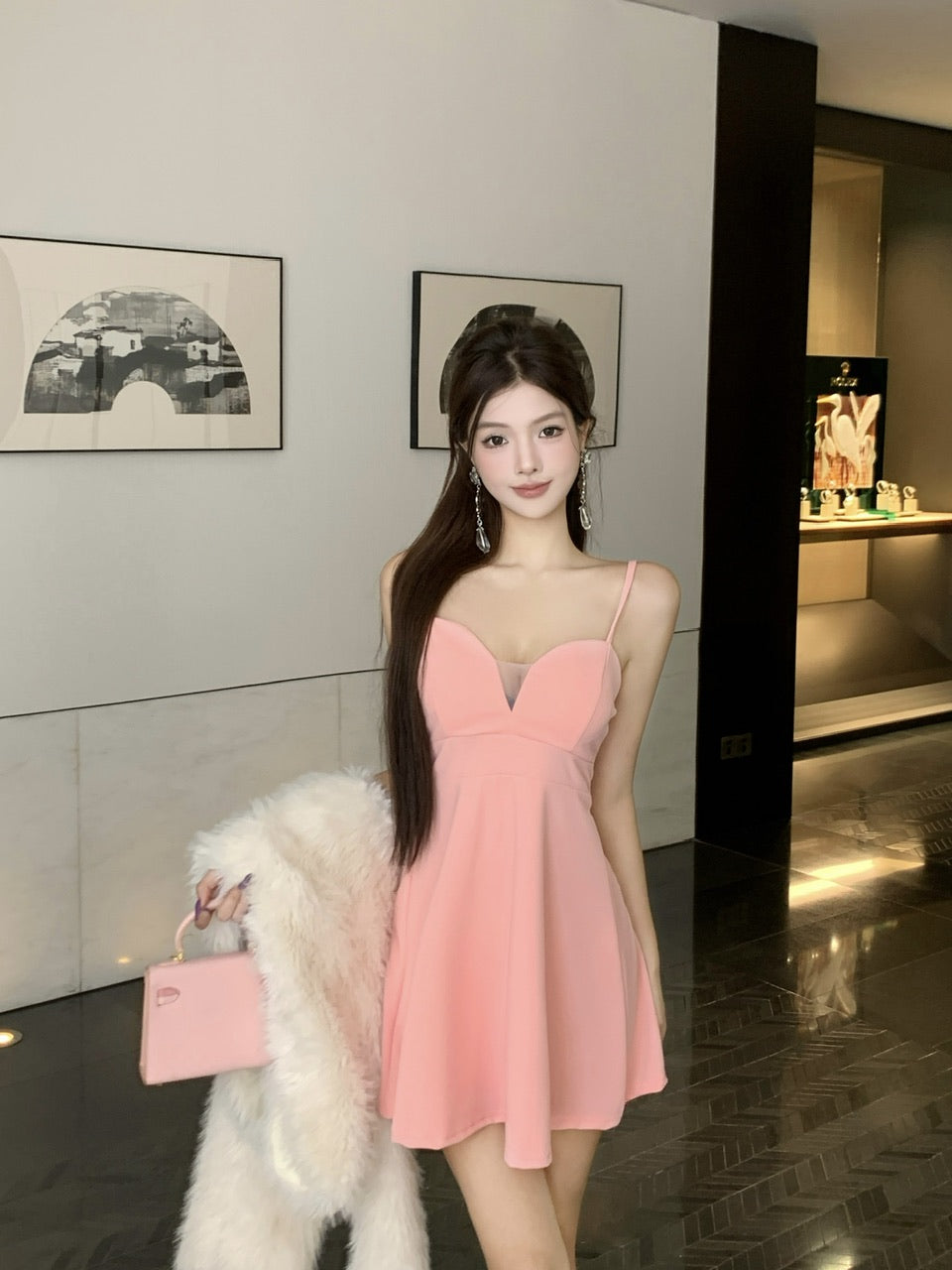 Enticing Cinched-Waist Party Outfit Pink Mini Skirt Cute A-Line Spaghetti Strap Short Dress AP3748