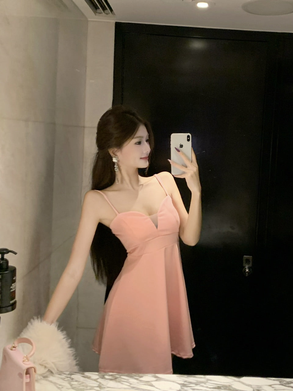 Enticing Cinched-Waist Party Outfit Pink Mini Skirt Cute A-Line Spaghetti Strap Short Dress AP3748