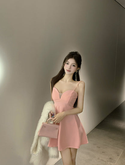 Enticing Cinched-Waist Party Outfit Pink Mini Skirt Cute A-Line Spaghetti Strap Short Dress AP3748