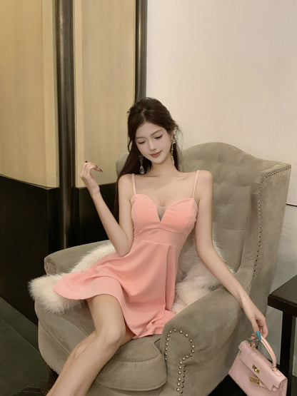 Enticing Cinched-Waist Party Outfit Pink Mini Skirt Cute A-Line Spaghetti Strap Short Dress AP3748