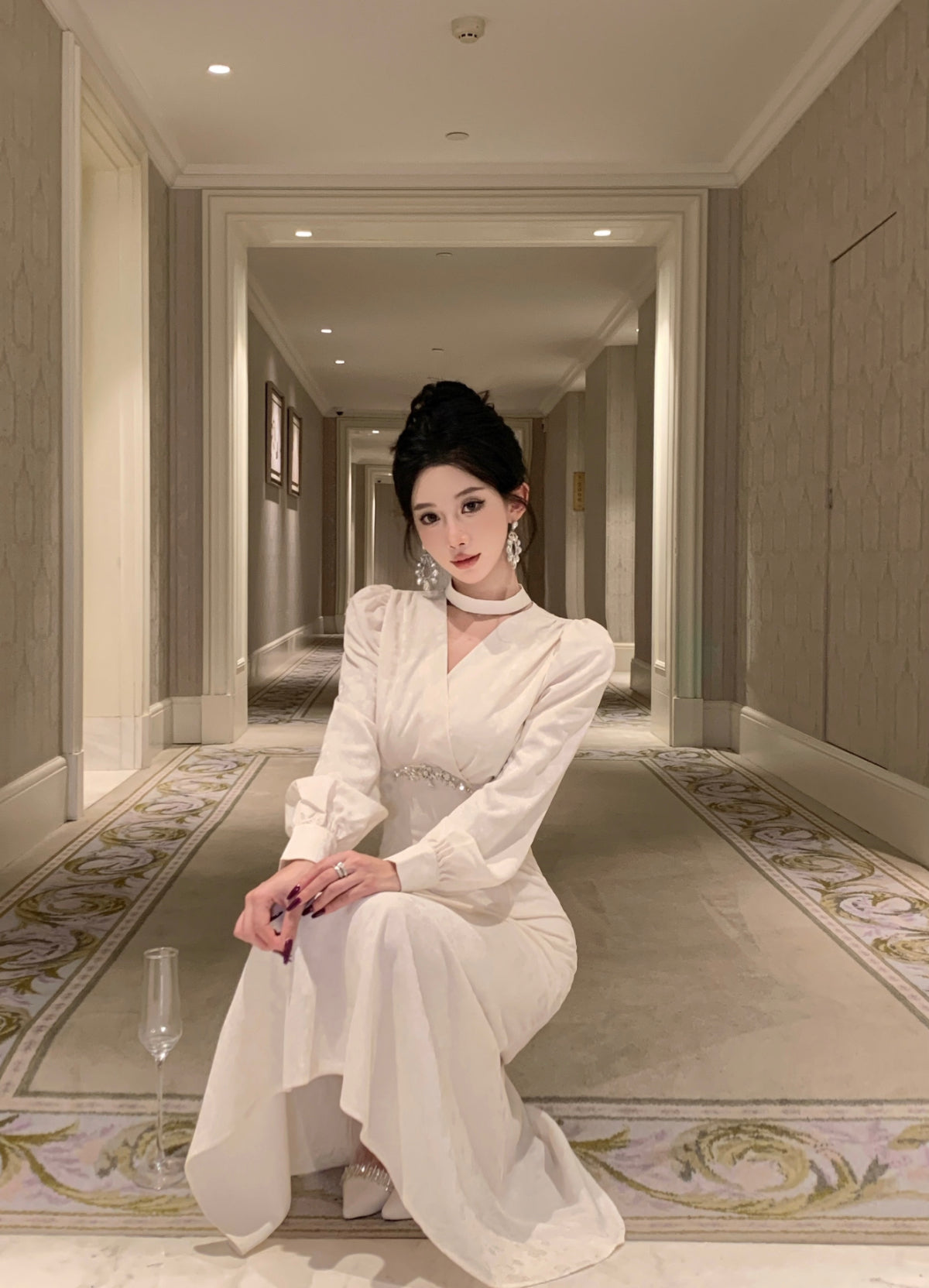 Romantic V Neck Long Sleeve White Evening Maxi Dress Dreamy Crystals Accent Mermaid Long Dress AP3749