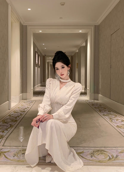 Romantic V Neck Long Sleeve White Evening Maxi Dress Dreamy Crystals Accent Mermaid Long Dress AP3749