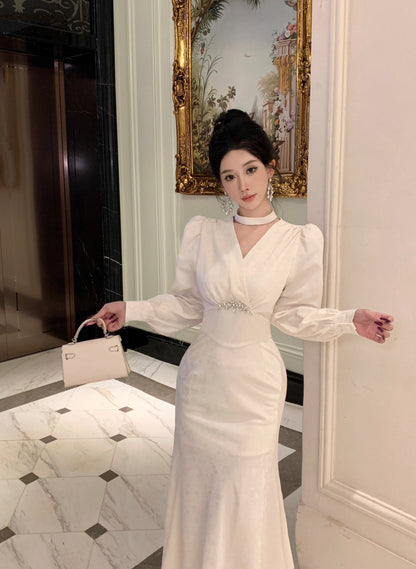Romantic V Neck Long Sleeve White Evening Maxi Dress Dreamy Crystals Accent Mermaid Long Dress AP3749