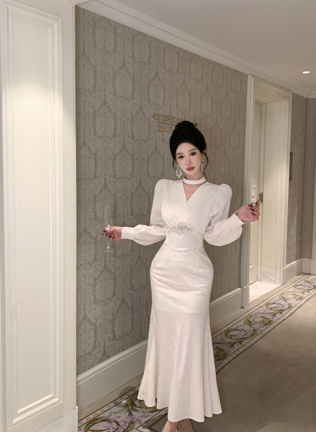Romantic V Neck Long Sleeve White Evening Maxi Dress Dreamy Crystals Accent Mermaid Long Dress AP3749