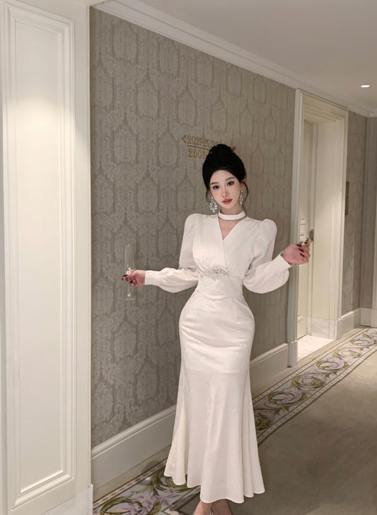 Romantic V Neck Long Sleeve White Evening Maxi Dress Dreamy Crystals Accent Mermaid Long Dress AP3749