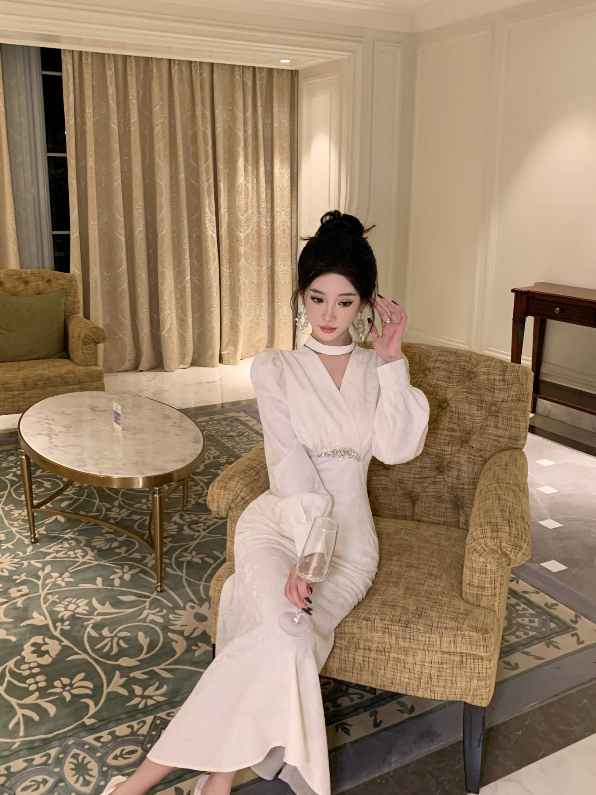 Romantic V Neck Long Sleeve White Evening Maxi Dress Dreamy Crystals Accent Mermaid Long Dress AP3749