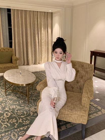 Romantic V Neck Long Sleeve White Evening Maxi Dress Dreamy Crystals Accent Mermaid Long Dress AP3749