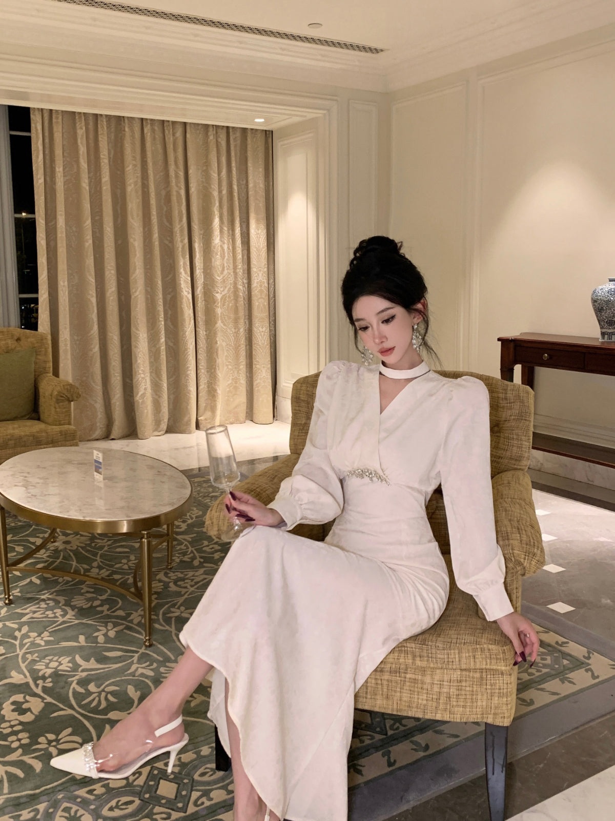 Romantic V Neck Long Sleeve White Evening Maxi Dress Dreamy Crystals Accent Mermaid Long Dress AP3749