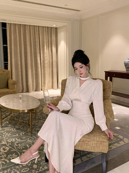 Romantic V Neck Long Sleeve White Evening Maxi Dress Dreamy Crystals Accent Mermaid Long Dress AP3749