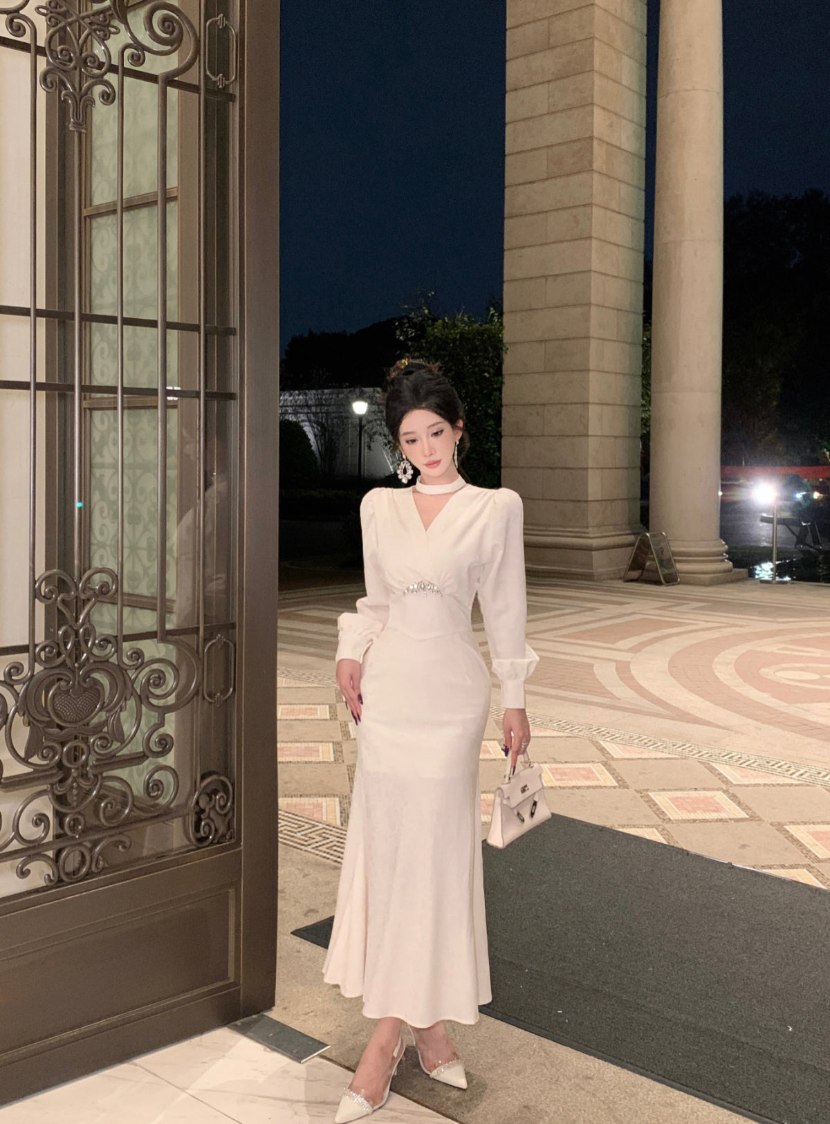 Romantic V Neck Long Sleeve White Evening Maxi Dress Dreamy Crystals Accent Mermaid Long Dress AP3749