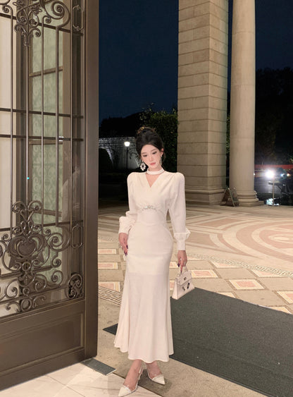 Romantic V Neck Long Sleeve White Evening Maxi Dress Dreamy Crystals Accent Mermaid Long Dress AP3749