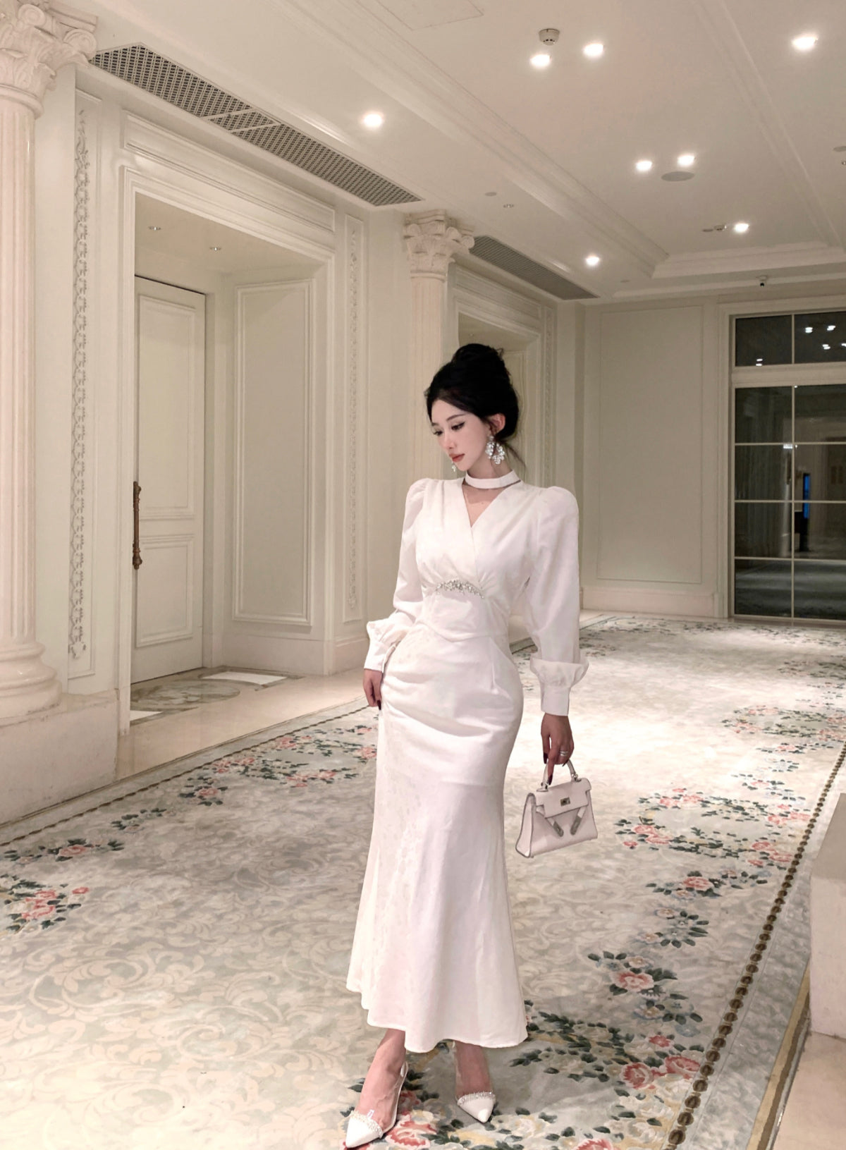 Romantic V Neck Long Sleeve White Evening Maxi Dress Dreamy Crystals Accent Mermaid Long Dress AP3749