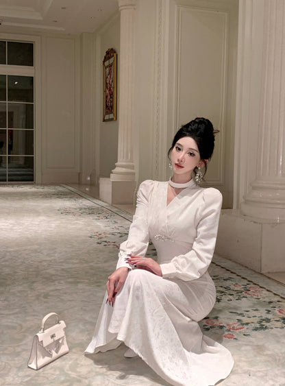 Romantic V Neck Long Sleeve White Evening Maxi Dress Dreamy Crystals Accent Mermaid Long Dress AP3749