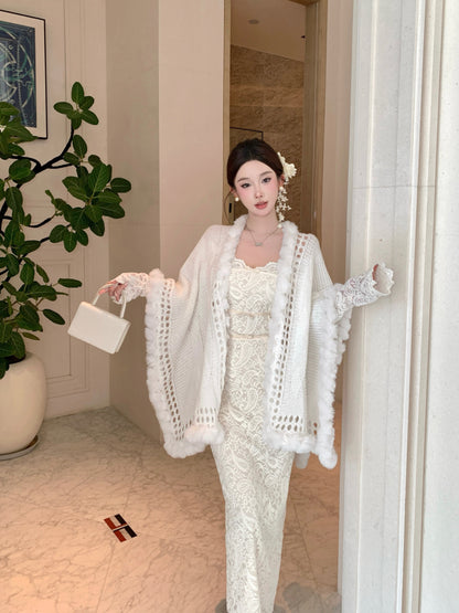 Ornate Lace Splicing Off-Shoulder Slit Maxi Dress Vogue Long Sleeve Sheath Evening Long Dress AP3750