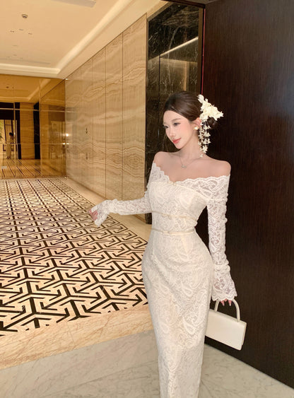 Ornate Lace Splicing Off-Shoulder Slit Maxi Dress Vogue Long Sleeve Sheath Evening Long Dress AP3750