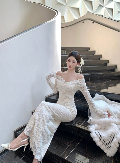 Ornate Lace Splicing Off-Shoulder Slit Maxi Dress Vogue Long Sleeve Sheath Evening Long Dress AP3750