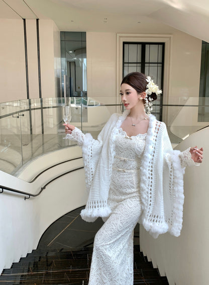 Ornate Lace Splicing Off-Shoulder Slit Maxi Dress Vogue Long Sleeve Sheath Evening Long Dress AP3750