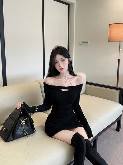 Fabulous Black Cutout Bodycon Mini Skirt Novelty Off-Shoulder Long Sleeve Short Dress AP3751