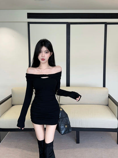 Fabulous Black Cutout Bodycon Mini Skirt Novelty Off-Shoulder Long Sleeve Short Dress AP3751