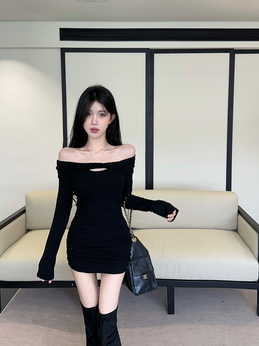 Fabulous Black Cutout Bodycon Mini Skirt Novelty Off-Shoulder Long Sleeve Short Dress AP3751
