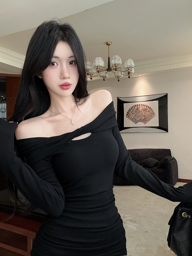 Fabulous Black Cutout Bodycon Mini Skirt Novelty Off-Shoulder Long Sleeve Short Dress AP3751