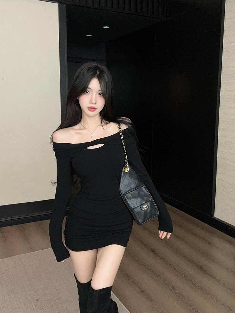 Fabulous Black Cutout Bodycon Mini Skirt Novelty Off-Shoulder Long Sleeve Short Dress AP3751