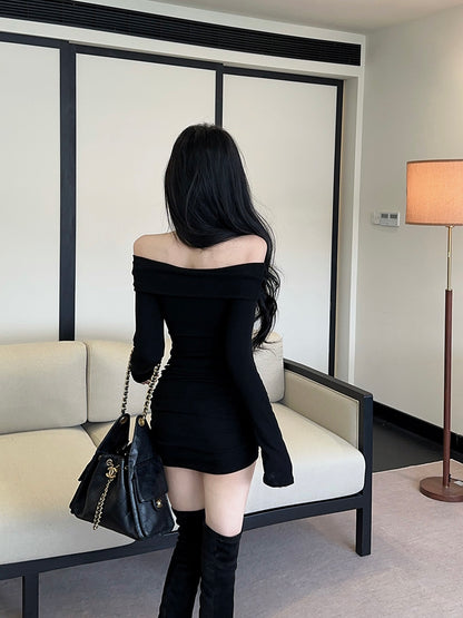 Fabulous Black Cutout Bodycon Mini Skirt Novelty Off-Shoulder Long Sleeve Short Dress AP3751