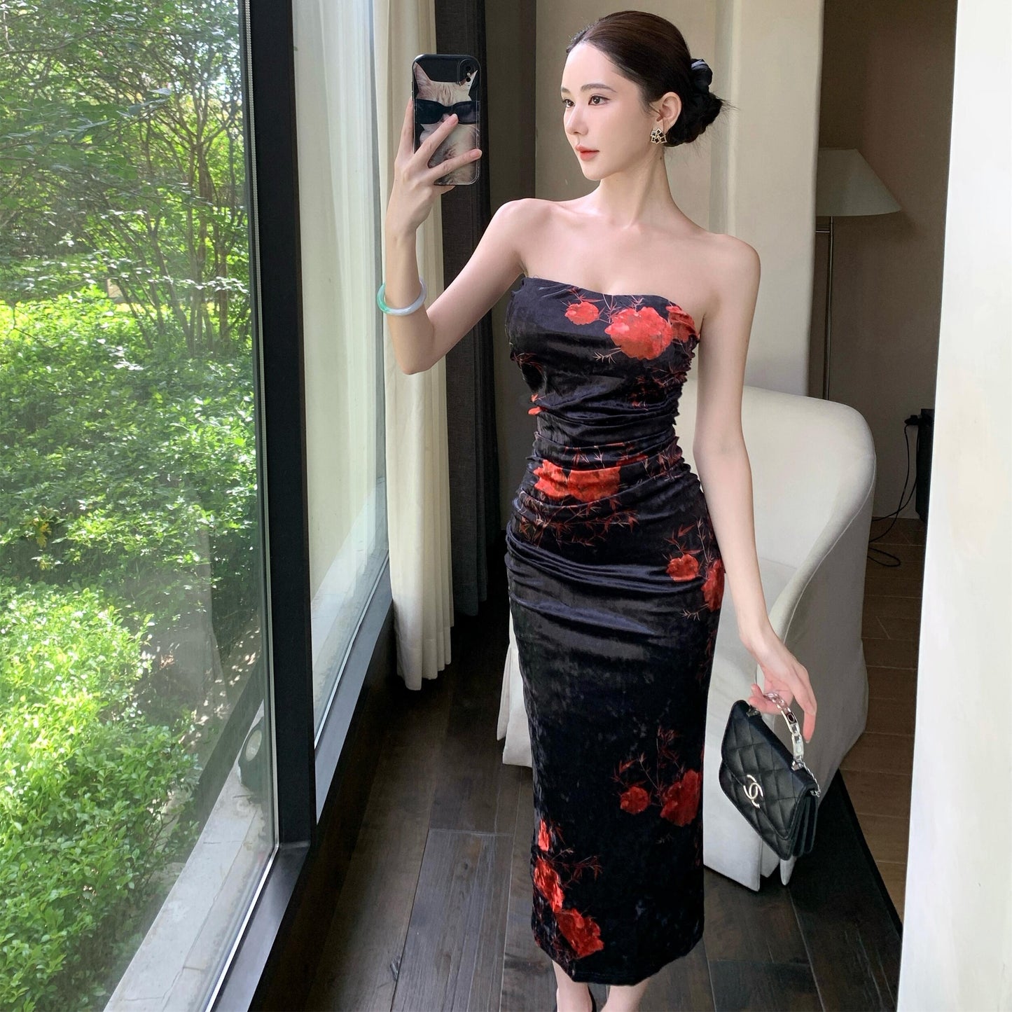 Chic Floral Print Strapless Midi Skirt Vintage Backless Sheath Ruched Long Dress AP3752