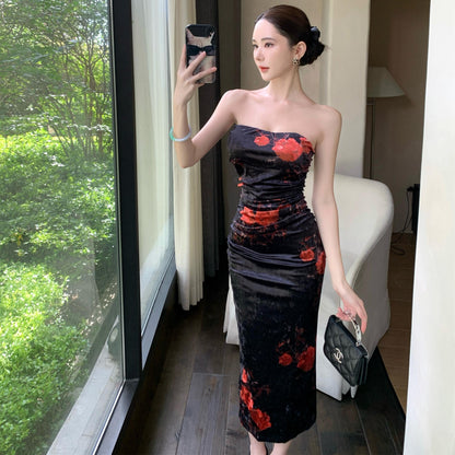 Chic Floral Print Strapless Midi Skirt Vintage Backless Sheath Ruched Long Dress AP3752