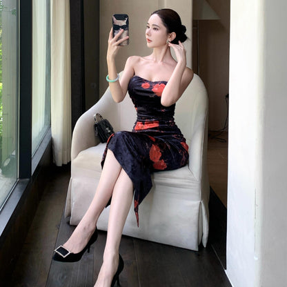 Chic Floral Print Strapless Midi Skirt Vintage Backless Sheath Ruched Long Dress AP3752