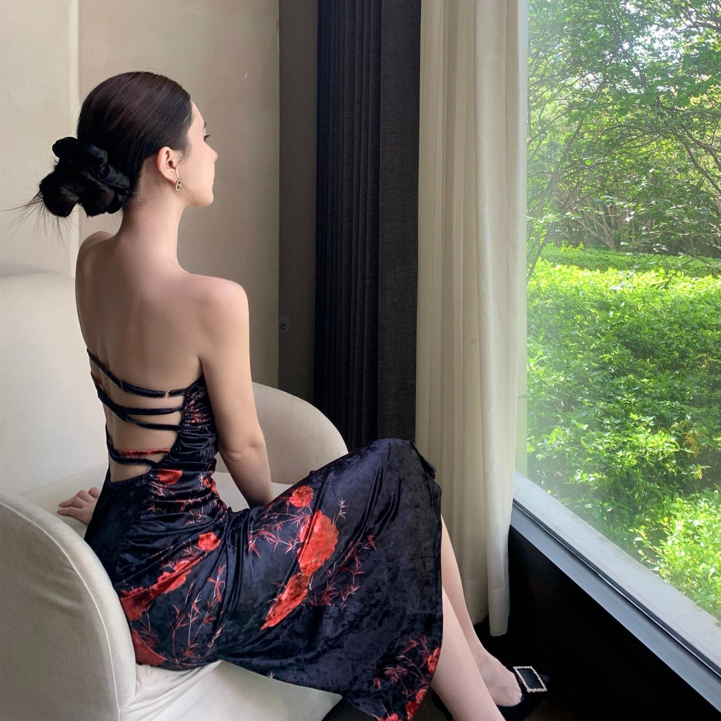 Chic Floral Print Strapless Midi Skirt Vintage Backless Sheath Ruched Long Dress AP3752