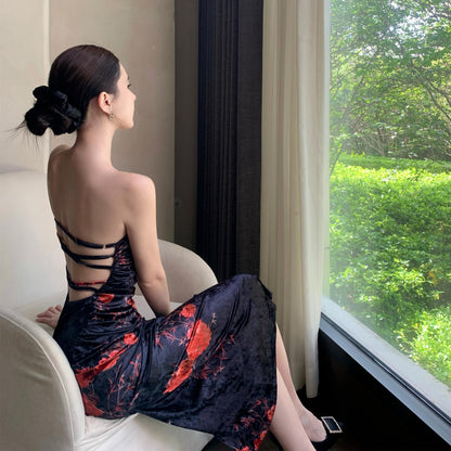 Chic Floral Print Strapless Midi Skirt Vintage Backless Sheath Ruched Long Dress AP3752