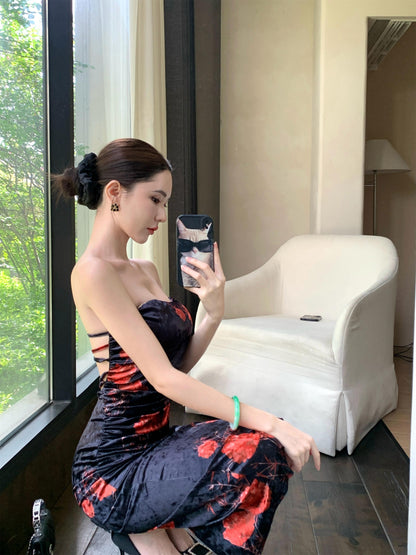 Chic Floral Print Strapless Midi Skirt Vintage Backless Sheath Ruched Long Dress AP3752