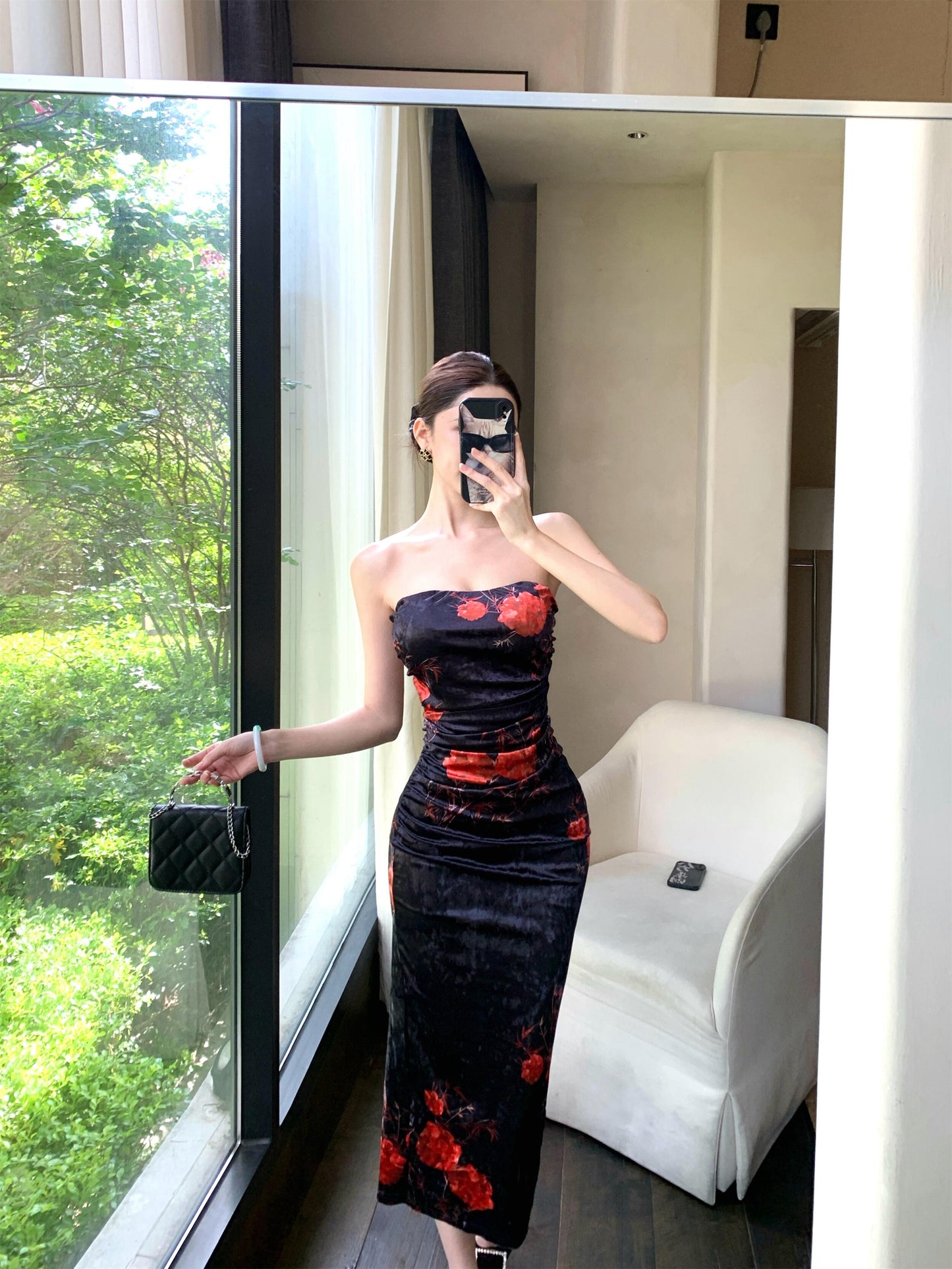 Chic Floral Print Strapless Midi Skirt Vintage Backless Sheath Ruched Long Dress AP3752