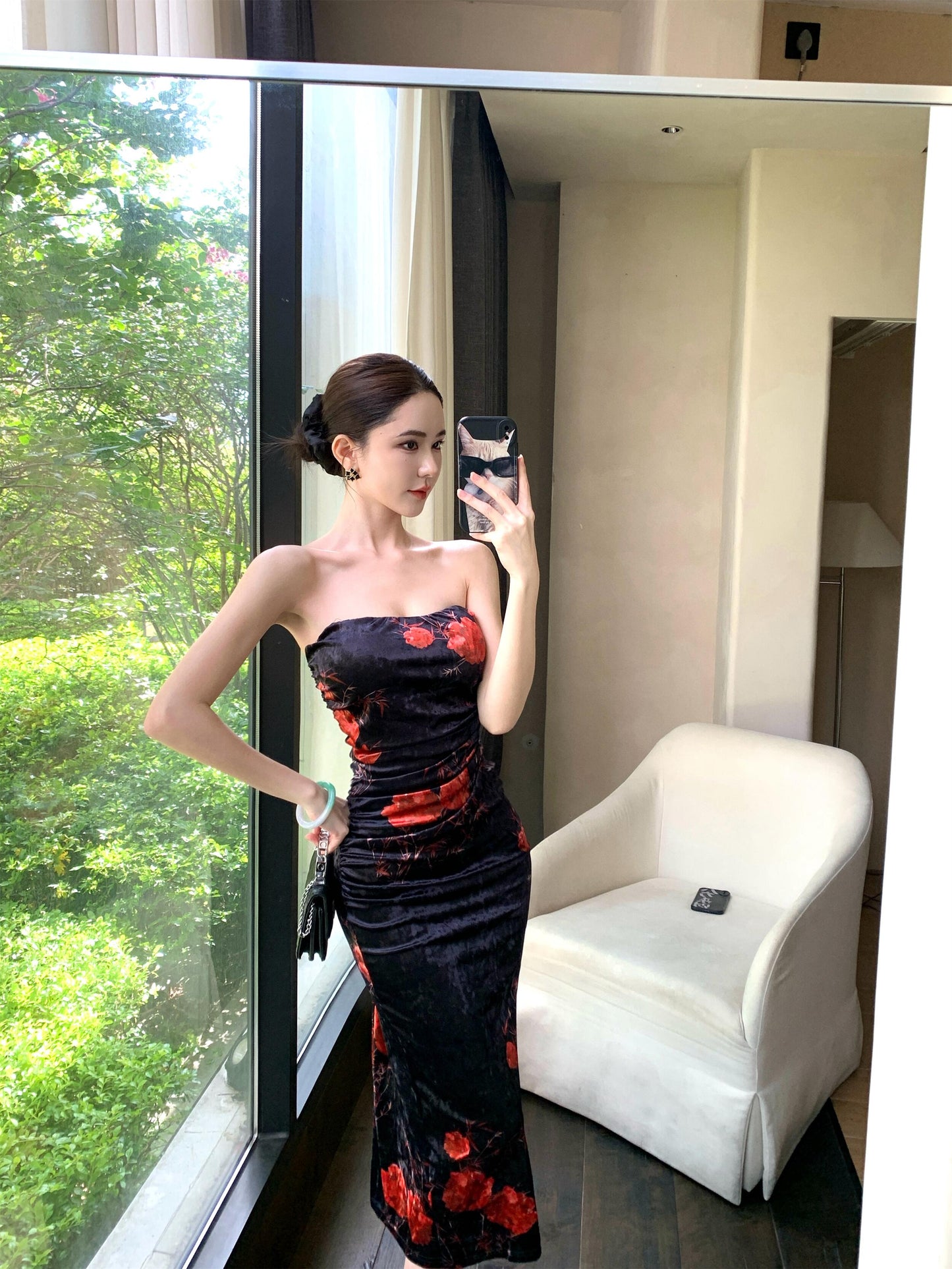 Chic Floral Print Strapless Midi Skirt Vintage Backless Sheath Ruched Long Dress AP3752