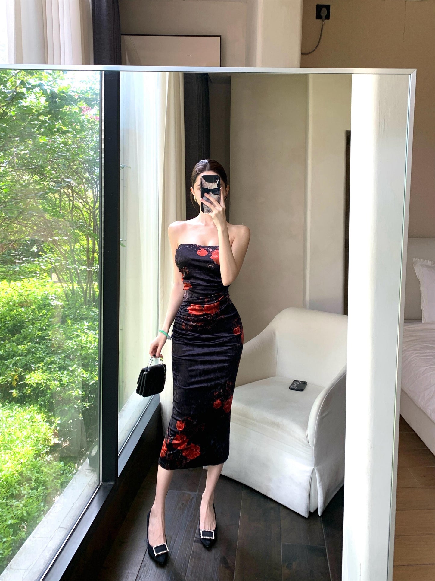 Chic Floral Print Strapless Midi Skirt Vintage Backless Sheath Ruched Long Dress AP3752