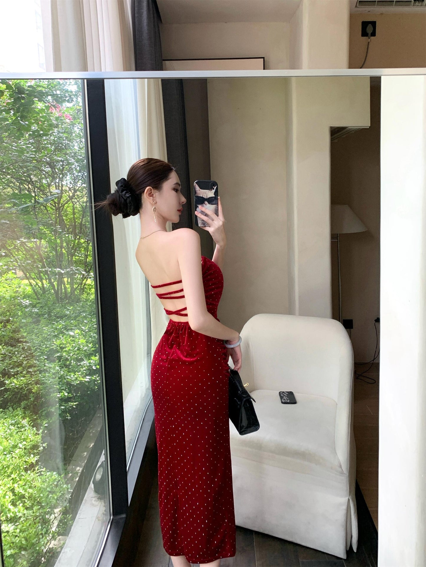Luxurious Strapless Red Velvet Ruched Midi Skirt Fashionable Sequins Accent Backless Sheath Long Dress AP3753