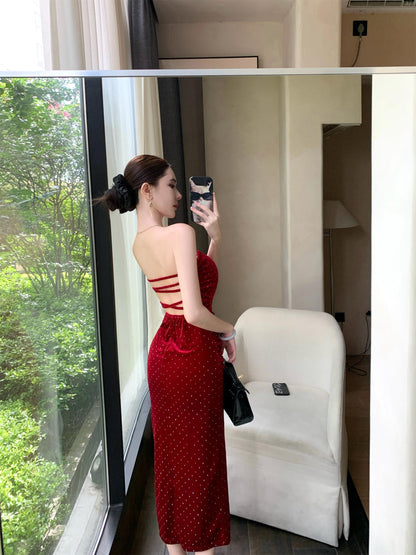 Luxurious Strapless Red Velvet Ruched Midi Skirt Fashionable Sequins Accent Backless Sheath Long Dress AP3753
