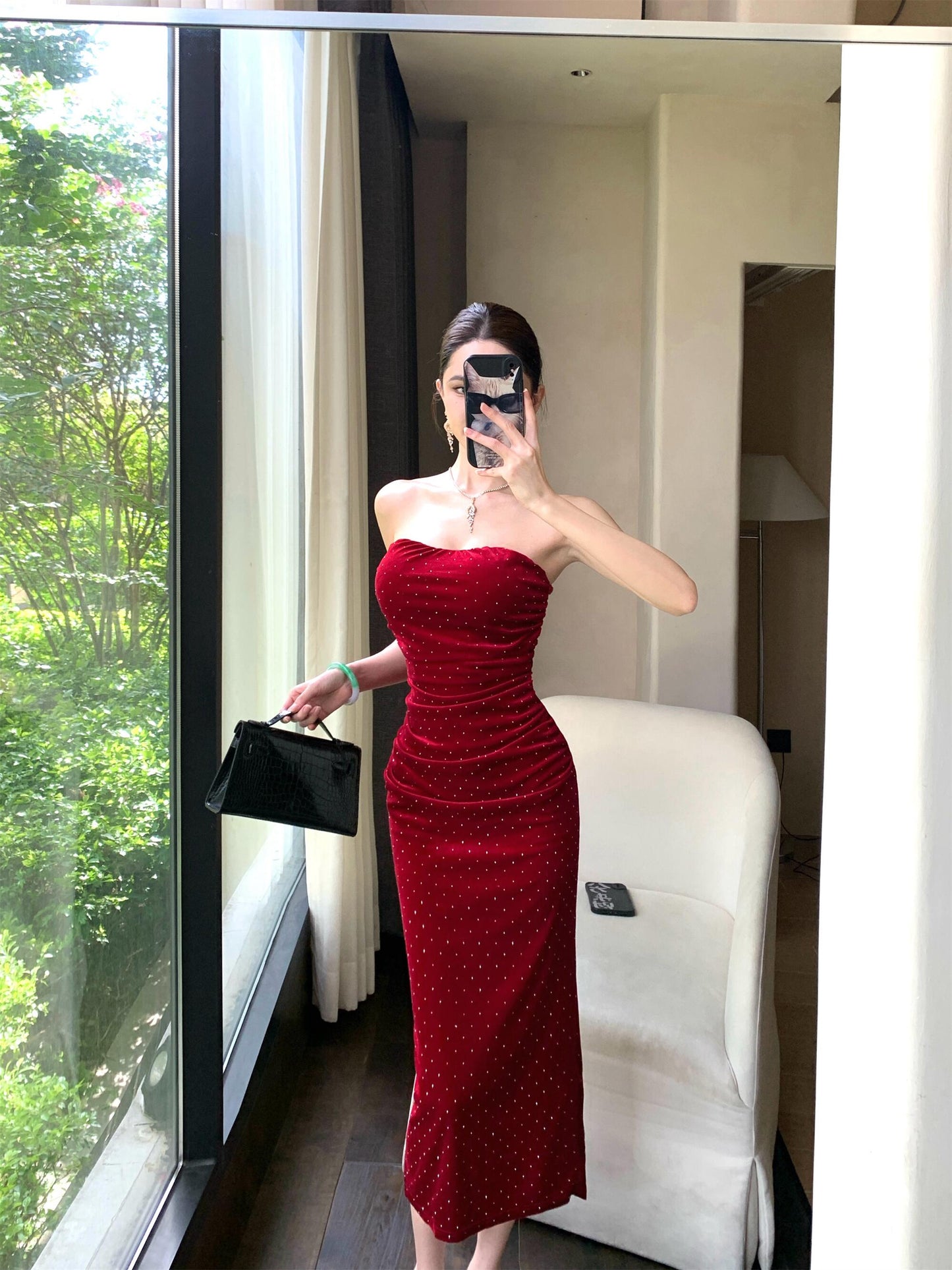 Luxurious Strapless Red Velvet Ruched Midi Skirt Fashionable Sequins Accent Backless Sheath Long Dress AP3753