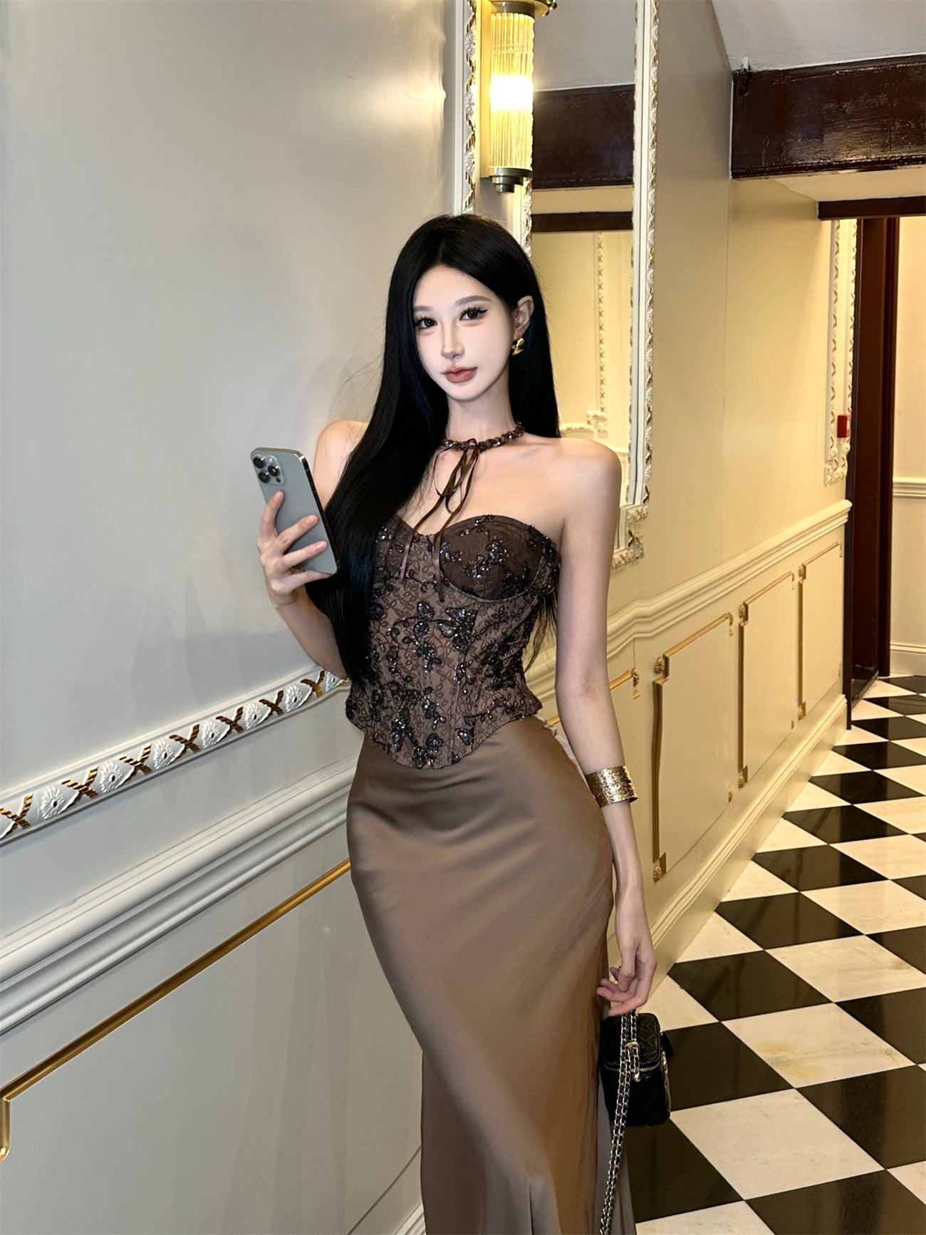 Luxury 2-Piece Set Strapless Maxi Skirt Charming Sequins Lace Splicing Mermaid Long Dress AP3754