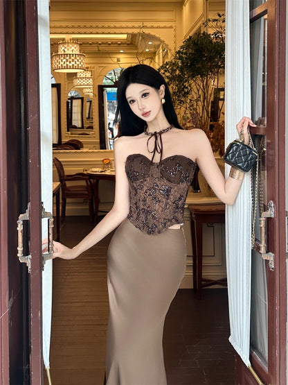 Luxury 2-Piece Set Strapless Maxi Skirt Charming Sequins Lace Splicing Mermaid Long Dress AP3754