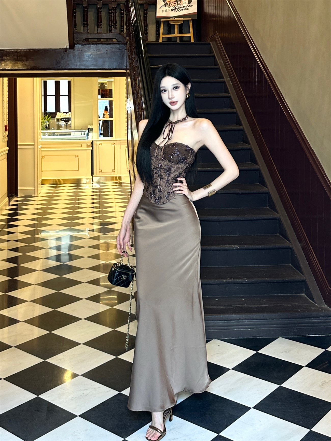 Luxury 2-Piece Set Strapless Maxi Skirt Charming Sequins Lace Splicing Mermaid Long Dress AP3754