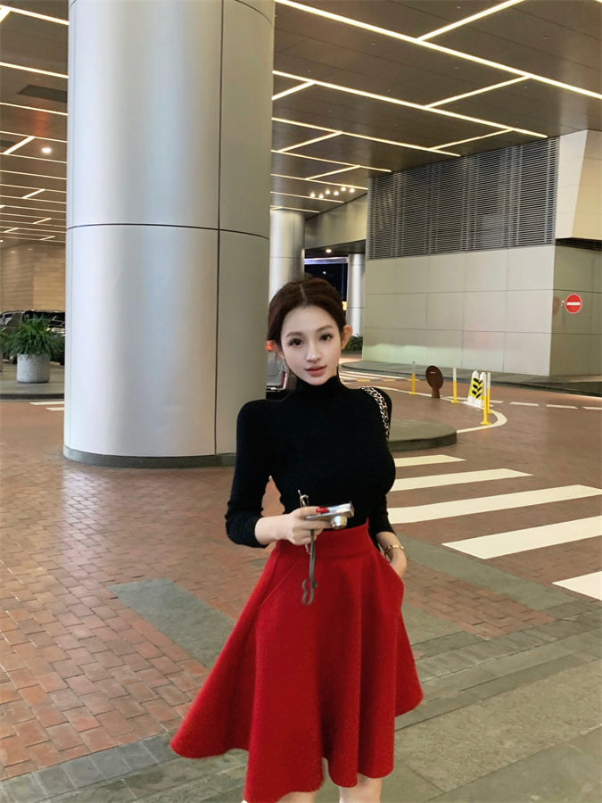 Elegant Red & Black 2-Piece Set A-Line Mini Skirt Chic Fitted Blouse High Collar Long Sleeve Short Dress AP3756
