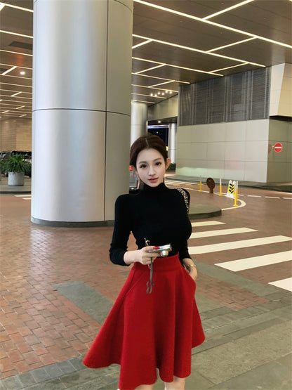 Elegant Red & Black 2-Piece Set A-Line Mini Skirt Chic Fitted Blouse High Collar Long Sleeve Short Dress AP3756