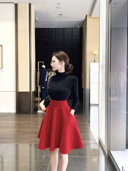 Elegant Red & Black 2-Piece Set A-Line Mini Skirt Chic Fitted Blouse High Collar Long Sleeve Short Dress AP3756